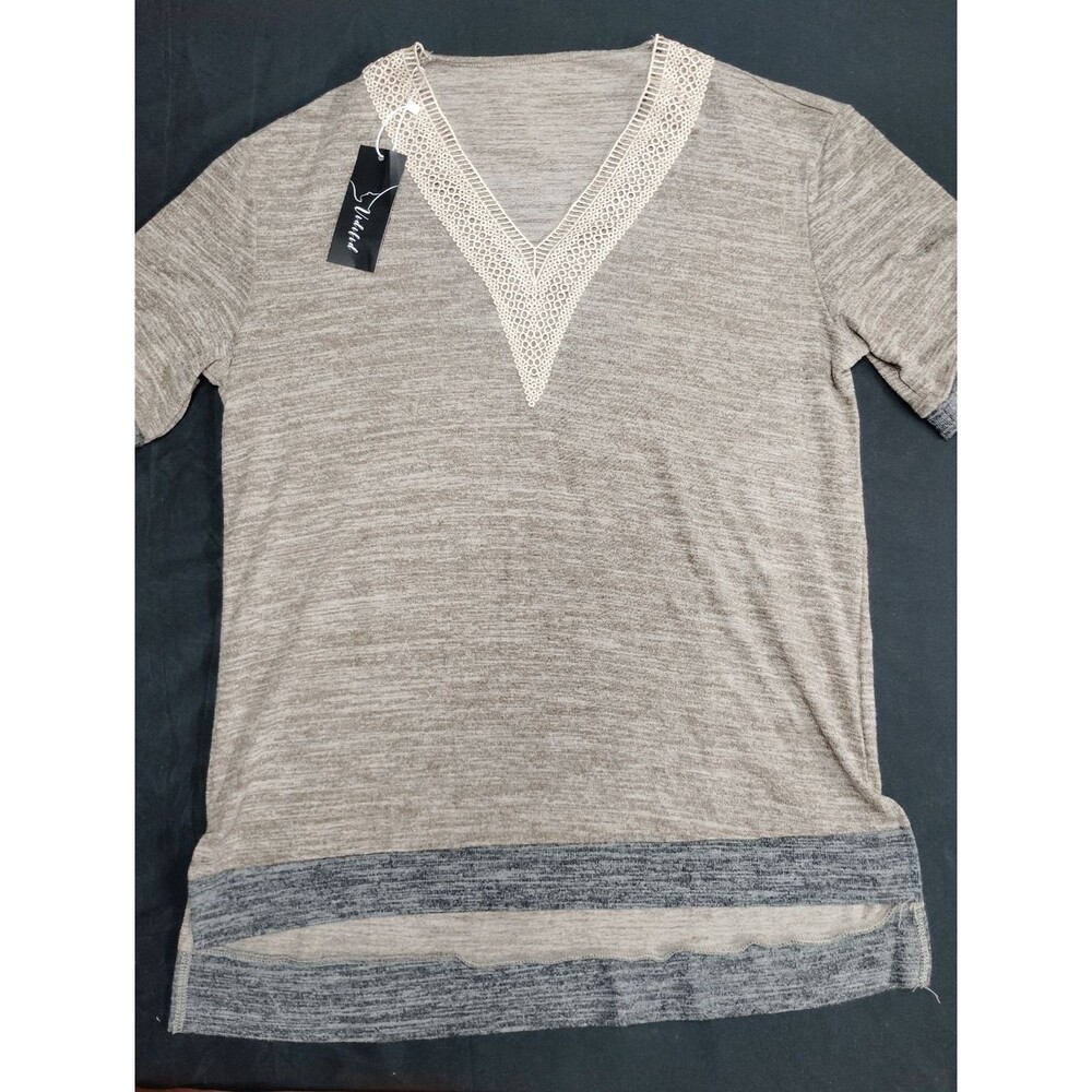 Vidifid Business Casual Knit Top with Lace trim V-Neck